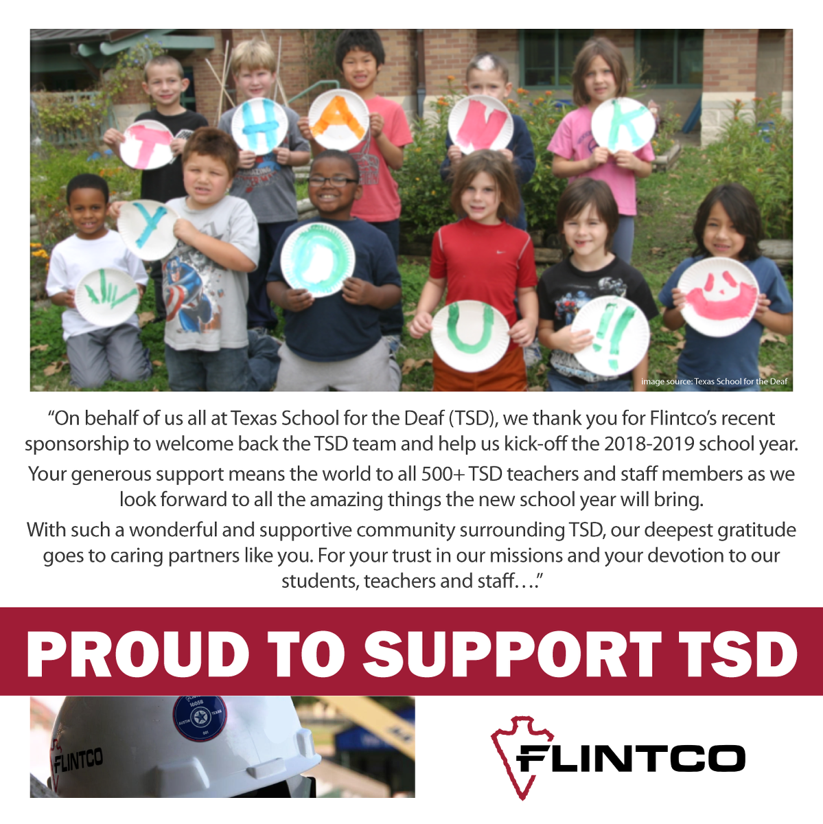 Flintco's tweet photo. Flintco is proud to support Texas School for the Deaf. "On behalf of us all at Texas School for the Deaf (TSD), we thank you for Flintco’s recent sponsorship to welcome back the TSD team and help us kick-off the 2018-2019 school year..." https://t.co/eojTosgI7b