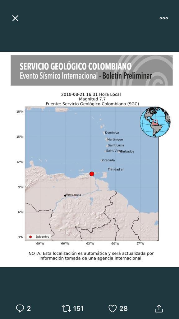 carlaangola's tweet photo. Reporte desde Colombia sobre la intensidad del temblor que se sintió en toda Venezuela. 7.7 https://t.co/gxXqLBF4p7