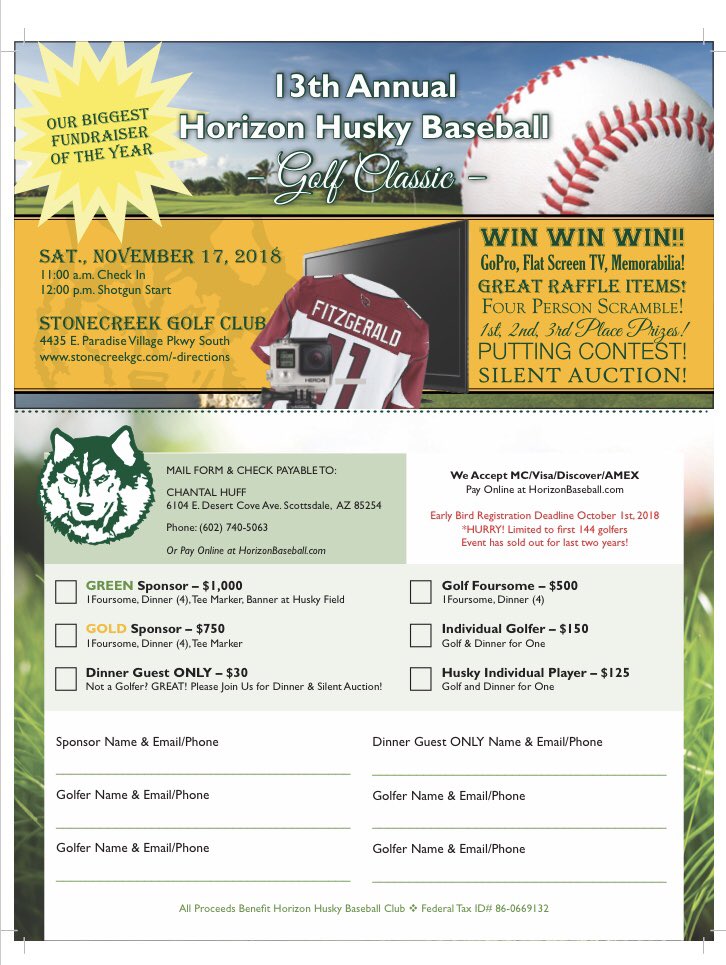 husky_baseball_'s tweet image. Husky ⚾️ Fans our 13th Annual Golf Tournament will be held Saturday November 17th at Stonecreek 12pm. Registration is open at horizonbaseball.com all golfers who register by 10/1 will be entered to win a $100 visa card. If you don’t🏌️ join us for dinner and auction