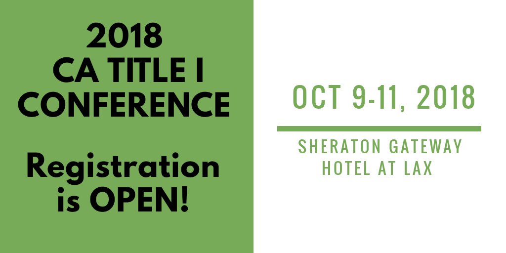 <a href="/CATitleIConf/">CA Title I Conf</a> registration is now open. Click the link below to register today!

cde.ca.gov/sp/sw/t1/title…