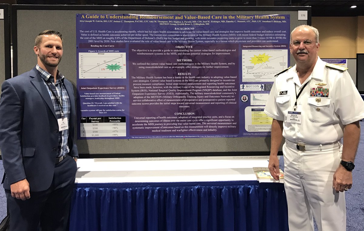 MOTIONetwork's tweet photo. RADM Gillingham with @NavyMedicine and Dr. @TCMauntel at their poster: A Guide to Understanding Reimbursement and Value-Based Care in the Military Health System. Great work by all of the collaborators! #MHSRS https://t.co/Fwdv17iMTH