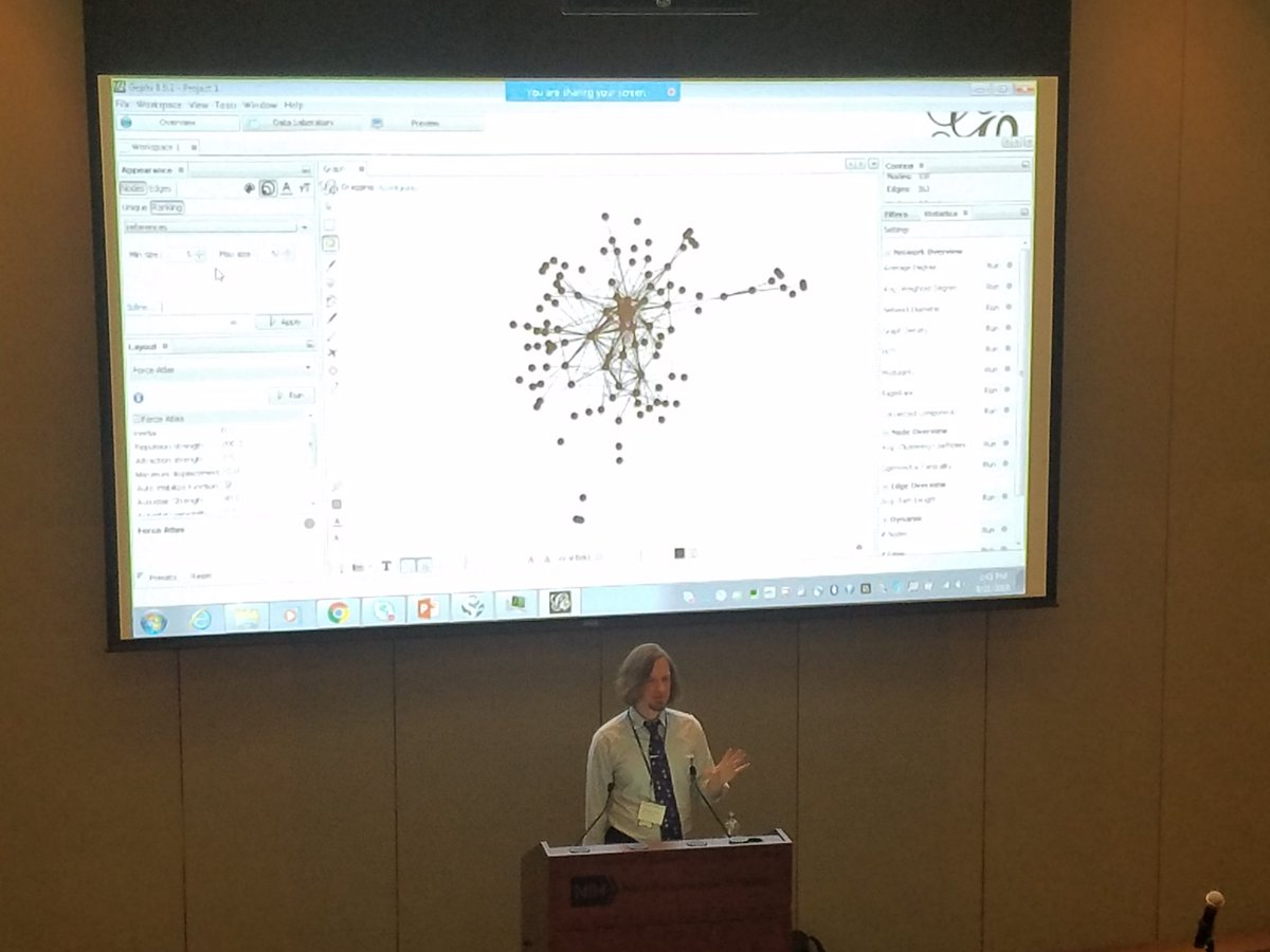 R_AND_D_EVAL's tweet photo. Chris Belter of @nihlib showing how to generate word co-occurence networks from titles of @webofscience publications at #bibSymp18 using Sci2 https://t.co/jmlSc0eie7