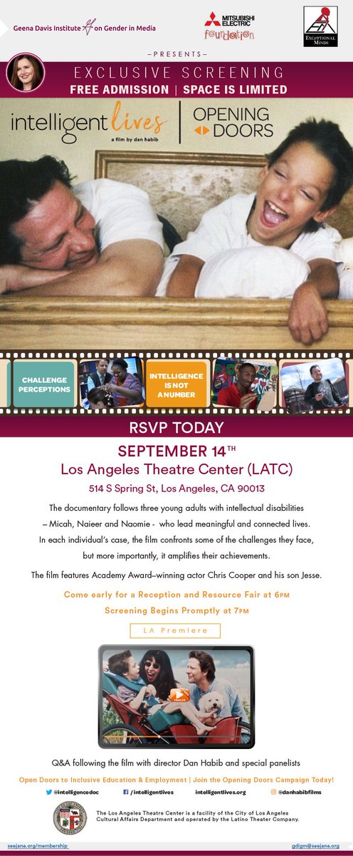 GeenaDavisOrg's tweet image. Sept 14th join us for a screening of INTELLIGENT LIVES a documentary about three young adults with intellectual disabilities who lead meaningful and connected lives. Follow @IntelligenceDoc and RSVP events.r20.constantcontact.com/register/event… Help us to #Challengeperceptions
#IfshecanSEEitshecanBEit