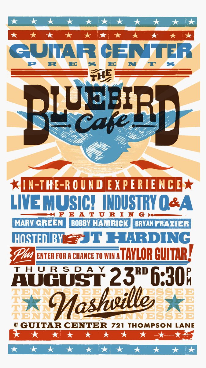 guitarcenter's tweet photo. Our @BluebirdCafeTN In-The-Round Experience is officially SOLD OUT! 🎉 There will still be a standby line night-of, more details: https://t.co/qSI66MM9DT #BluebirdAtGC 🎸 https://t.co/SwIL0iCVEc