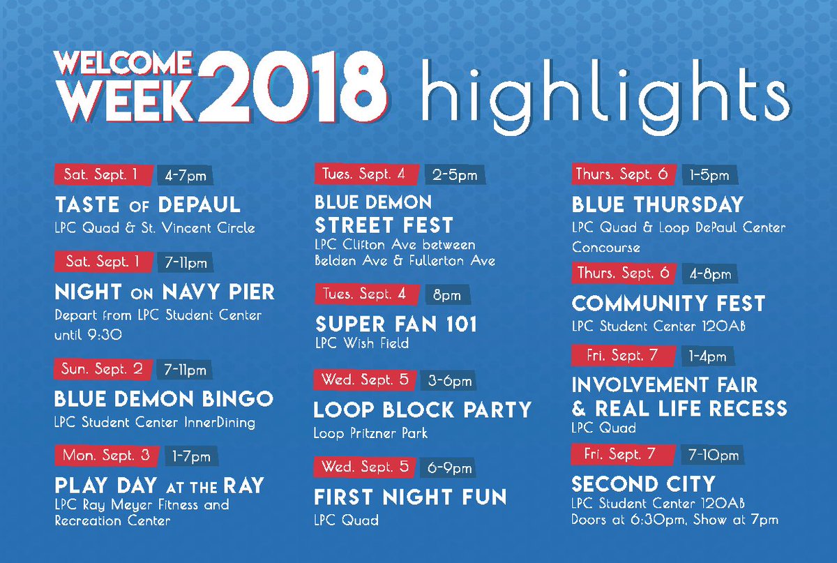 DPUWelcomeWeek's tweet photo. Have you checked out our 2018 events yet? RSVP to these and more on our Facebook page (https://t.co/vAocdm54C5). See you there! https://t.co/7kVG7fSXwp