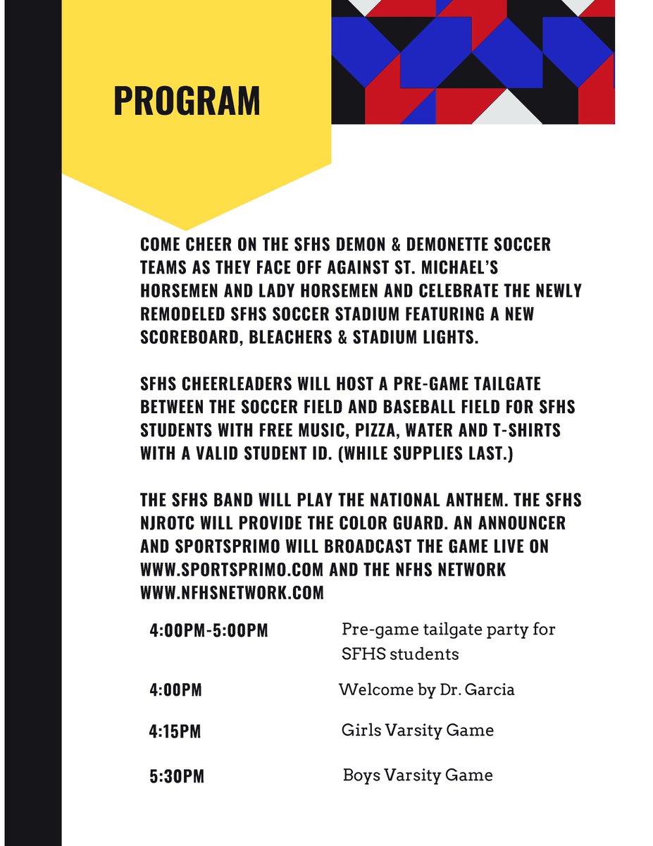 Everyone is invited to a celebration of the remodeled SFHS soccer field and varsity games on August 22nd at SFHS. Read the program and join in the fun as SFHS varsity boys and girls teams compete against St. Michael's Horsemen and Lady Horsemen. #sfps #sfpsdistrict