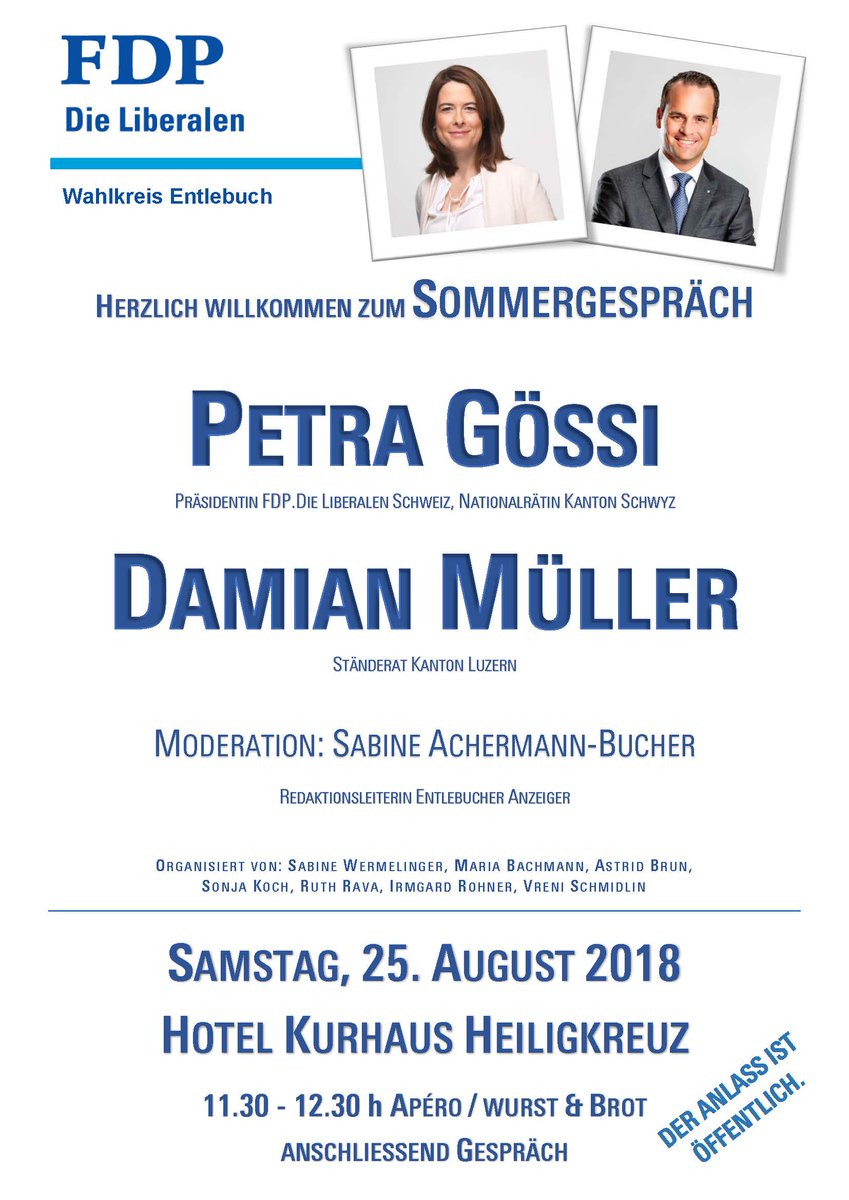 Damian Muller على تويتر Personliche Einladung Ich Freue Mich Sehr Dass Die Frauen Der Fdp Die Liberalen Wahlkreis Entlebuch Diesen Wunderbaren Anlass Organisieren Es Sind Alle Herzlich Willkommen Fdp Luzern Unserluzernerstanderat Damianmuller