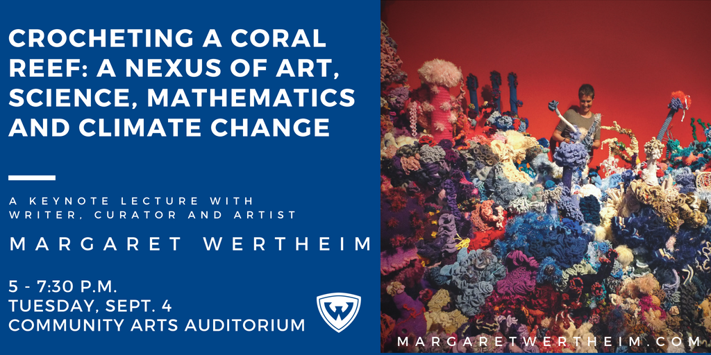 WayneStateCLAS's tweet photo. Science writer and creator of the #CrochetCoralReef Margaret Wertheim (@margaretwerth), will illustrate how her work bridges science, art, and design at @WayneState next month. Join us for a reception and presentation on Sept. 4! #WSU150 #WayneState #SeeingIsUnderstanding https://t.co/ufrKdxEOjS
