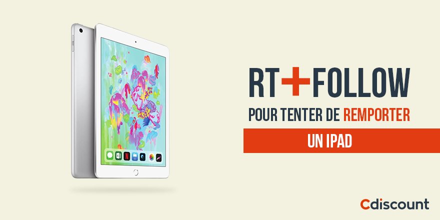 Cdiscount's tweet image. 🎁 #Concours 

👌 À gagner : un #iPad 32Go écran rétina

👉 bit.ly/2Poudrn

🔸 Pour tenter votre chance : 
RT + Follow @Cdiscount

☑️ TAS 28/08