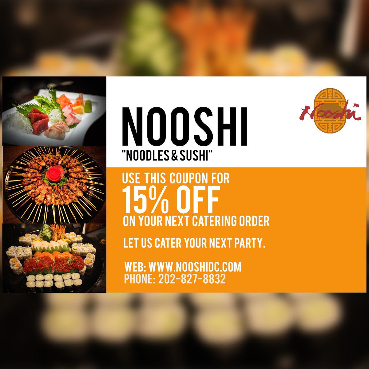 nooshidc's tweet photo. Did you know that Nooshi caters? Let us cater your next party! Call us today for 15% off your entire catering order. Mention this post at checkout. #Nooshi #NooshiDC #catering #dccatering #sushi #sushidc https://t.co/3c1H4Yyuk8