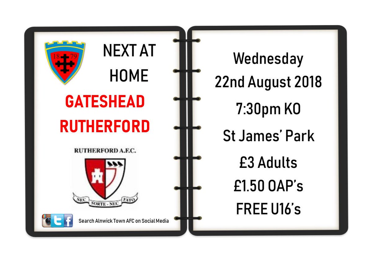 AlnwickTownAFC's tweet photo. Home to @Rutherford1878 tomorrow night.

7:30pm KO at St James' Park.

£3 Adults / £1.50 OAPS &amp; Conc / FREE U16's

Teamsheets available in the clubhouse, donations always welcome.

#AlnwickTown #GatesheadRutherford @nfalliance1890 @NonLeagueCrowd https://t.co/bZ7UlDOJ94