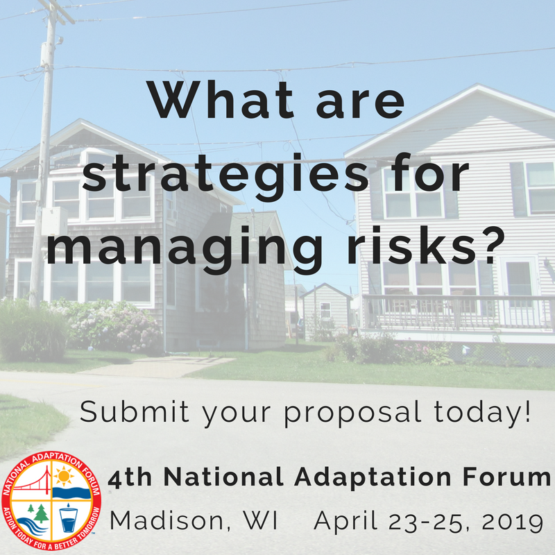 Tell the Forum about strategies for insurance, security, preparedness and risk management. Submit a proposal by September 4th! NationalAdaptationForum.org/Proposals. #NAF2019 #adaptation #resilience #climatechange #disasterriskmanagement #climateinsurance #climatesecurity #preparedness