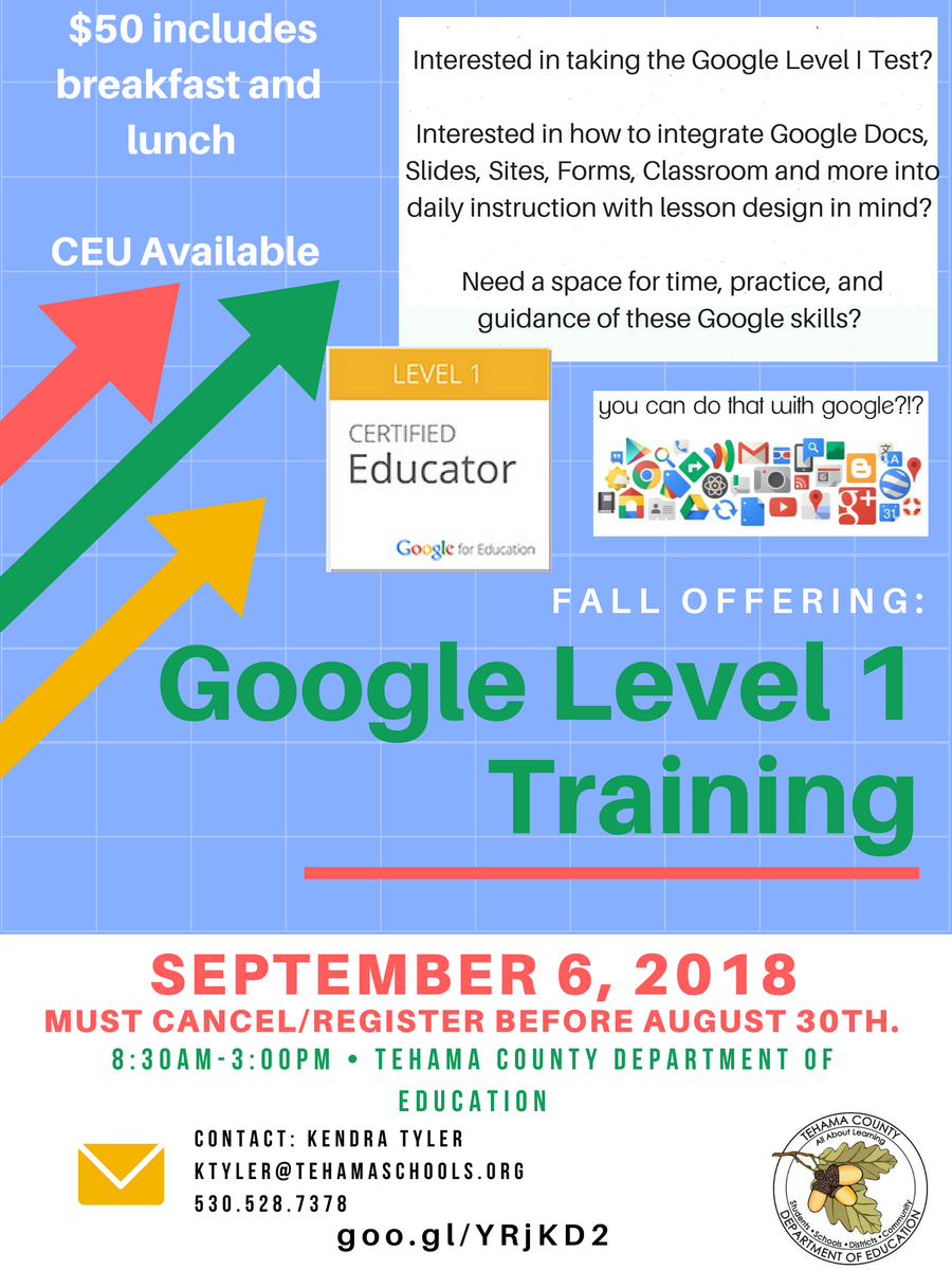 kendraltyler's tweet photo. Want to be a Google Level I or II certified educator in Northern California? Come get trained at Tehama County Office this September or send to a teacher you know would love it! https://t.co/QvdLOGL6dp