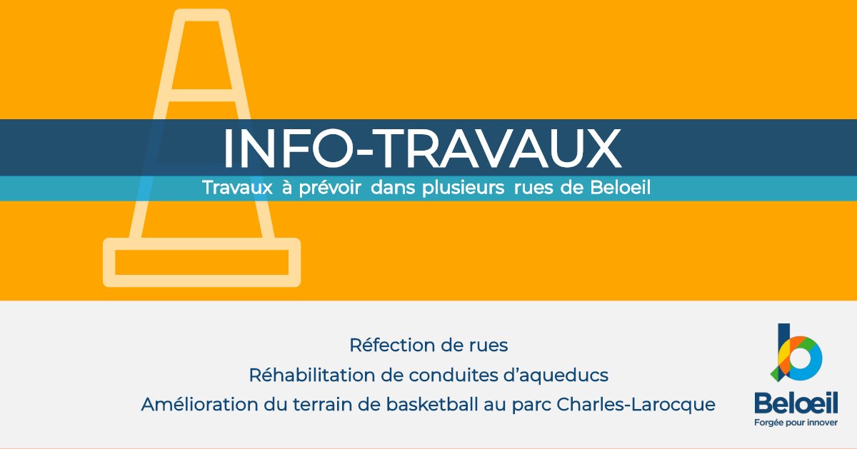 INFO-TRAVAUX

Des travaux sont à prévoir dans plusieurs rues à #Beloeil.  Ils visent la réfection de rues, la réhabilitation de conduites d’aqueduc et l’amélioration du terrain de #basketball au parc Charles-Larocque.

Consultez le beloeil.ca/info-travaux  pour tous les détails.
