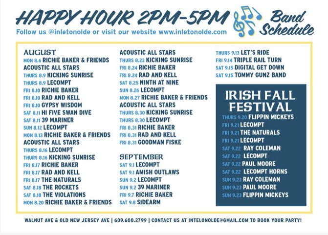 theinletnww's tweet photo. Summer might be winding down but our band schedule is still fully loaded! Don’t miss out on all of the entertainment happening through September!
#livemusic #nwwirishfestival #irishweekend #bandschedule #wegottheparty #summertime #jerseyshore #dontmissout https://t.co/q1QfRJ3H6u