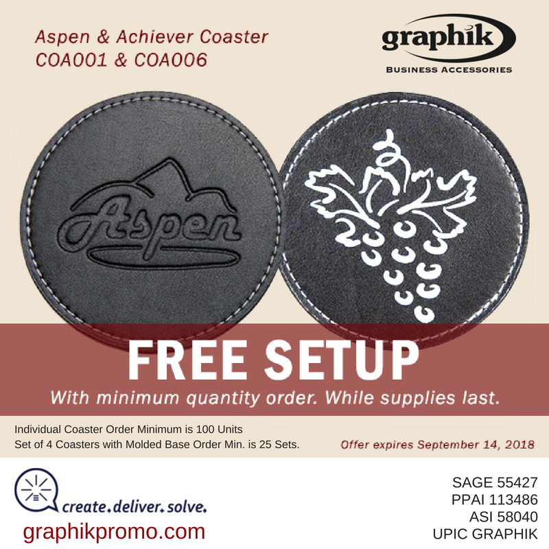 GraphikBusiness's tweet photo. FREE Setup on premium simulated leather or bonded leather coasters with minimum order quantity! One color imprint included.  View our specials:  https://t.co/DHQXCEuAwb https://t.co/UX5meu5CWa