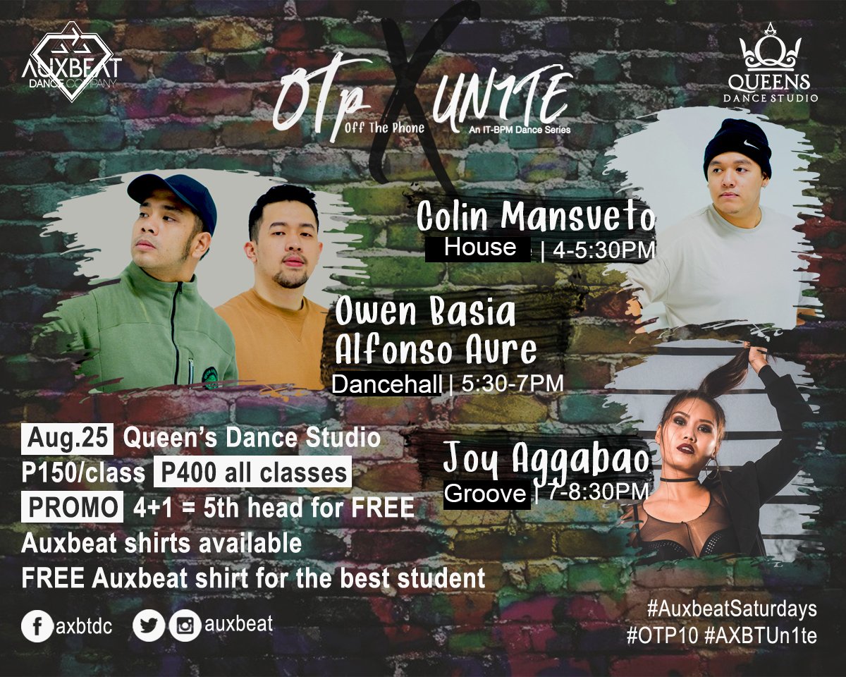 auxbeat's tweet photo. This is it!!
#OTP10 IS HERE.

*Only Php150 per class! Wanna save Php50? Attend all classes &amp; get it for only Php400! 

*PROMO ALERT PER CLASS: Attend together with 4 other dancers &amp; waive the class fee of the 5th! ( 4+1 = 5th for FREE) 

#AuxbeatSaturdays
#AXBTUN1TE
#OTP10 https://t.co/RZdJD41OFn