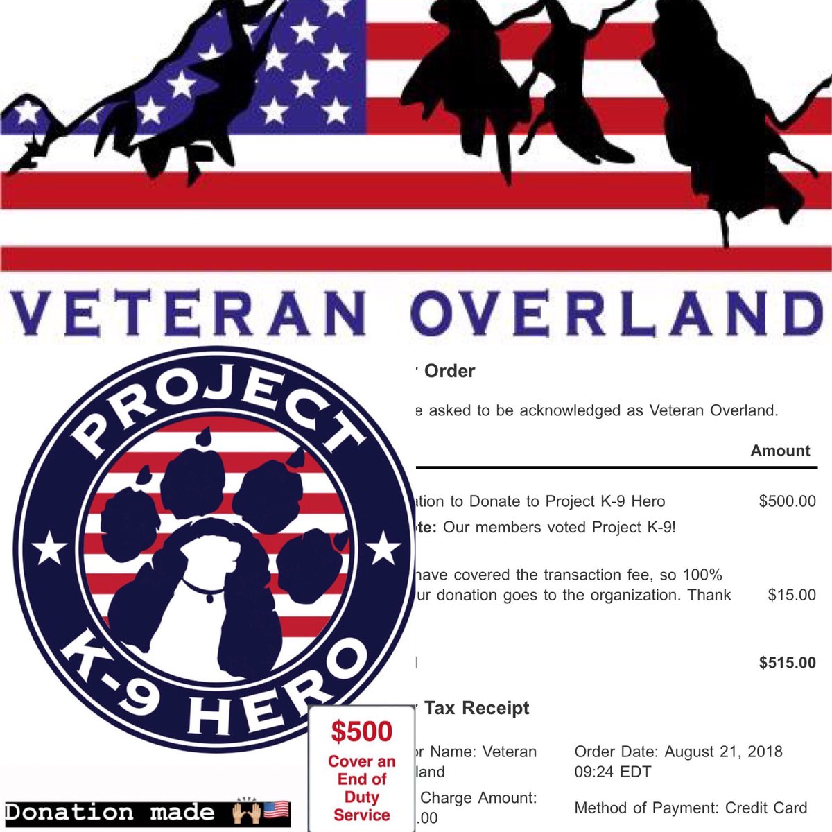 We would like to acknowledge our friends at @VeteranOverland today for voting Project K-9 Hero their charity of choice as a member driven organization. Today they donated $500 to help us cover an end of duty services for one of our retired K-9 Heroes. 

veteranoverland.com