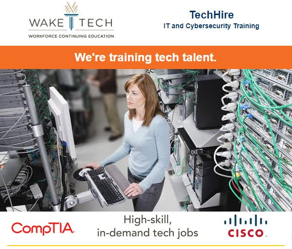WakeTechWCE's tweet image. Interested in an IT career, but not sure how to get started? #WakeTech can help! @CompTIA and @Cisco career training classes starting soon. And grant $$$ available for those who qualify. Details: conta.cc/2N6XEwJ 

@CapitalAreaWD #TechHire
