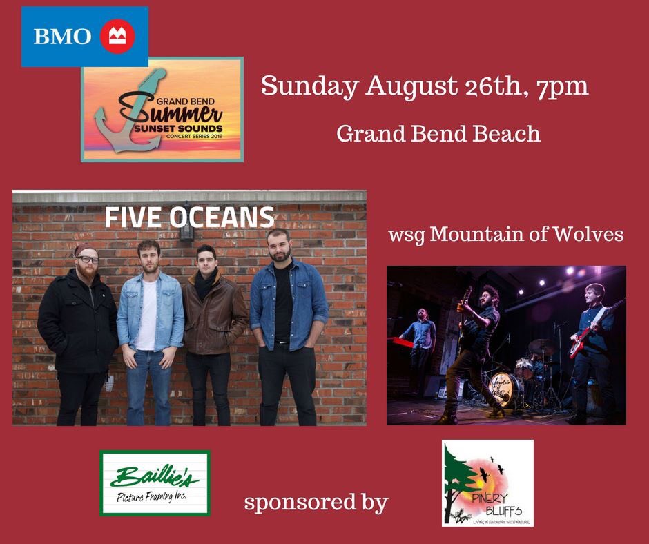 GB Sunset Concerts (@gbsunsetconcert) on Twitter photo Last Sunday night concert! Where did the summer go? Join us for <a href="/fiveoceansmusic/">Five Oceans</a> and opener Mountain of Wolves #GrandBend #freeconcert Last Sunday night concert! Where did the summer go? Join us for <a href="/fiveoceansmusic/">Five Oceans</a> and opener Mountain of Wolves #GrandBend #freeconcert