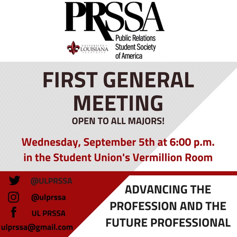 ULPRSSA's tweet photo. Want to learn more about how you can be a better professional in your field? Are you a communication or business major? Do you have no clue what PR is but it sounds cool? No matter what your situation, come see us on the 5th and find out about us! 🗣 https://t.co/D8jCKyodht
