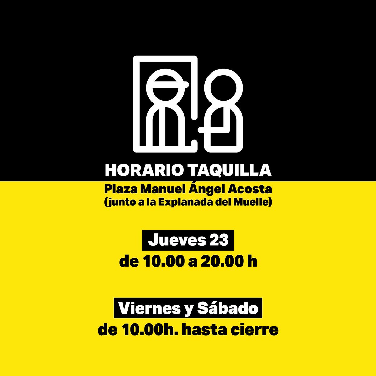VisitPtoCruz's tweet photo. Desde el jueves se abrirá la taquilla #Phe2018 (De 10:00 a 20:00 y desde las 10:00 hasta el cierre durante el festival) para que puedas comprar tus entradas o abono de la forma más cómoda. ¡Apunta la ubicación!
📍Plaza Manuel Ángel Acosta, junto al muelle.
#VisitPuertodelaCruz https://t.co/BSgOZBpOY2