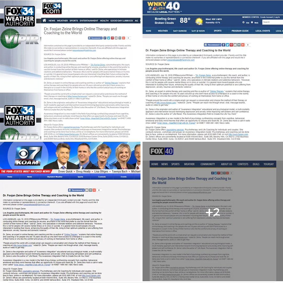 DrZeine's tweet image. In case you missed it, check out some of the national coverage received about my online therapy &amp;amp; coaching practice!
#pressrelease #nationalcoverage #onlinetherapy #lifecoach #lifecoaching #onlinelifecoach #onlinelifecoaching #cw20 #fox40 #koam7 #wnky40 #fox34 #drfoojanzeine