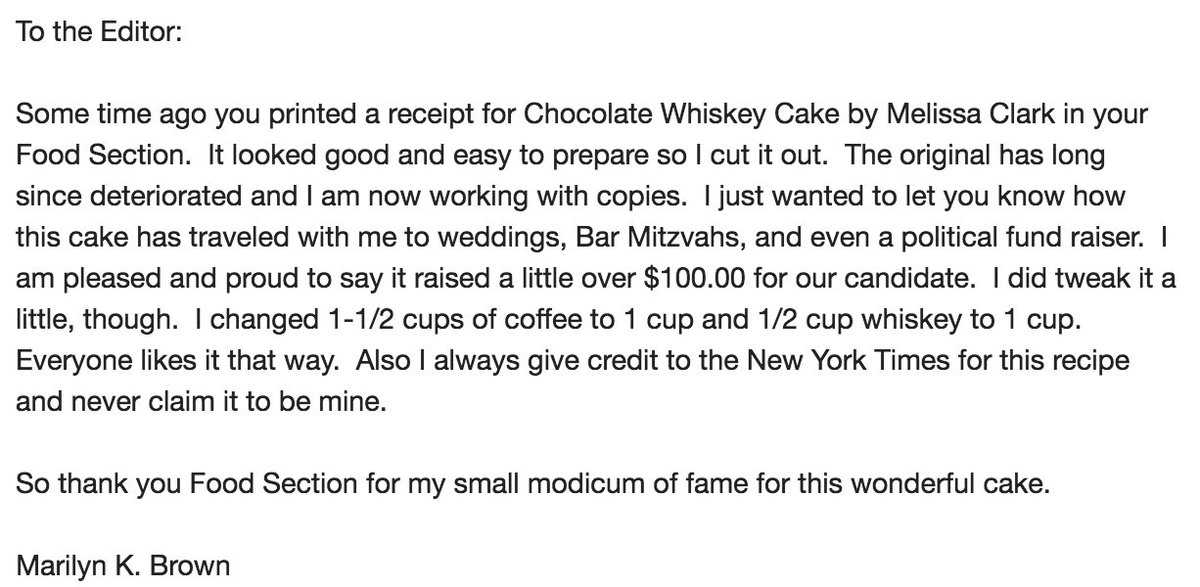 Reader letter about Chocolate Whiskey Cake recipe