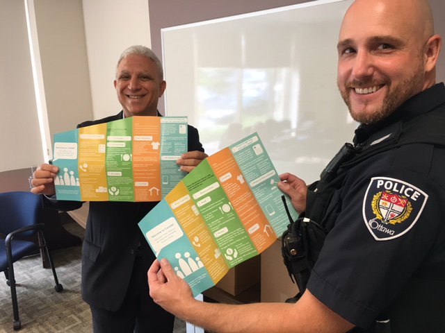 louisaINK's tweet photo. Welcoming at its best! Today reps of #Refugee Network of #Ottawa delivered 2,000 copies of our brochure for #refugee claimants to @mousaOPS, so that @OttawaPolice members can refer #refugees to local services. Bravo, @ChiefBordeleau &amp; team! #proudofourcity #WithRefugees https://t.co/XgPupYkxGy