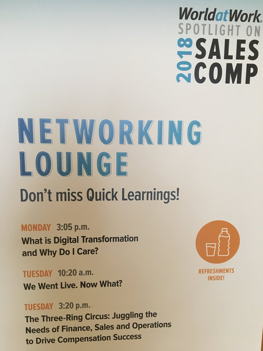 tarunsk3's tweet photo. Join us for another exciting session at the networking lounge, starting in 5 mins: ‘The Three Ring Circus: Juggling the needs of Finance, Sales and Operations to Drive Compensation Success’ #SPM #SalesComp18 #DigitalTransformation https://t.co/Ts53PUCN1h