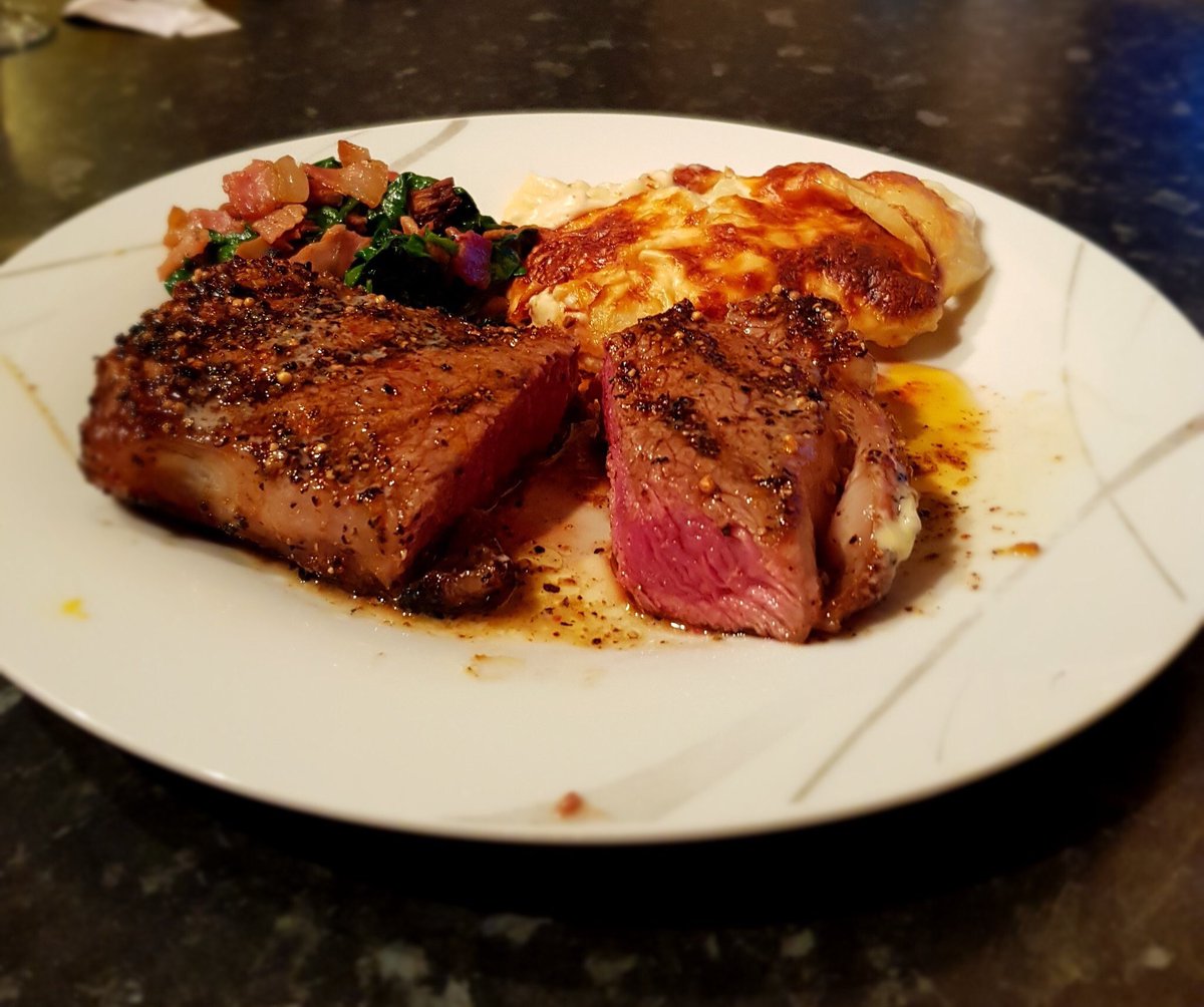 Elliot Naughty Little Dinner Tonight Sirloin Steak Potato Dauphinoise And Mushroom Bacon And Spinach Cooked In Butter