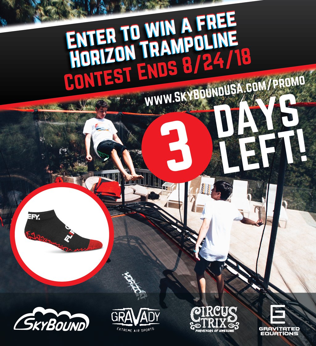 SkyBoundUSA's tweet photo. There's only 3 days left before our SkyBound x FlipCon2k18 contest officially ends! One lucky winner will receive a free SkyBound Horizon rectangle trampoline 🚀Runner up winners will receive exclusive SkyBound x FlipCon socks! https://t.co/67Xcs2JWo0 #skybound #flipcon #contest https://t.co/FV20Dm1alw