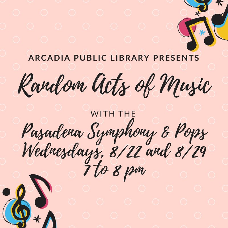 arcadiapl's tweet photo. Don't forget, we've got another Random Acts of Music concert this Wednesday evening!
#freeconcert #randomactsofmusic #PasadenaSymphony #PasadenaPops #ArcadiaPublicLibrary https://t.co/oqDx8GBX4o
