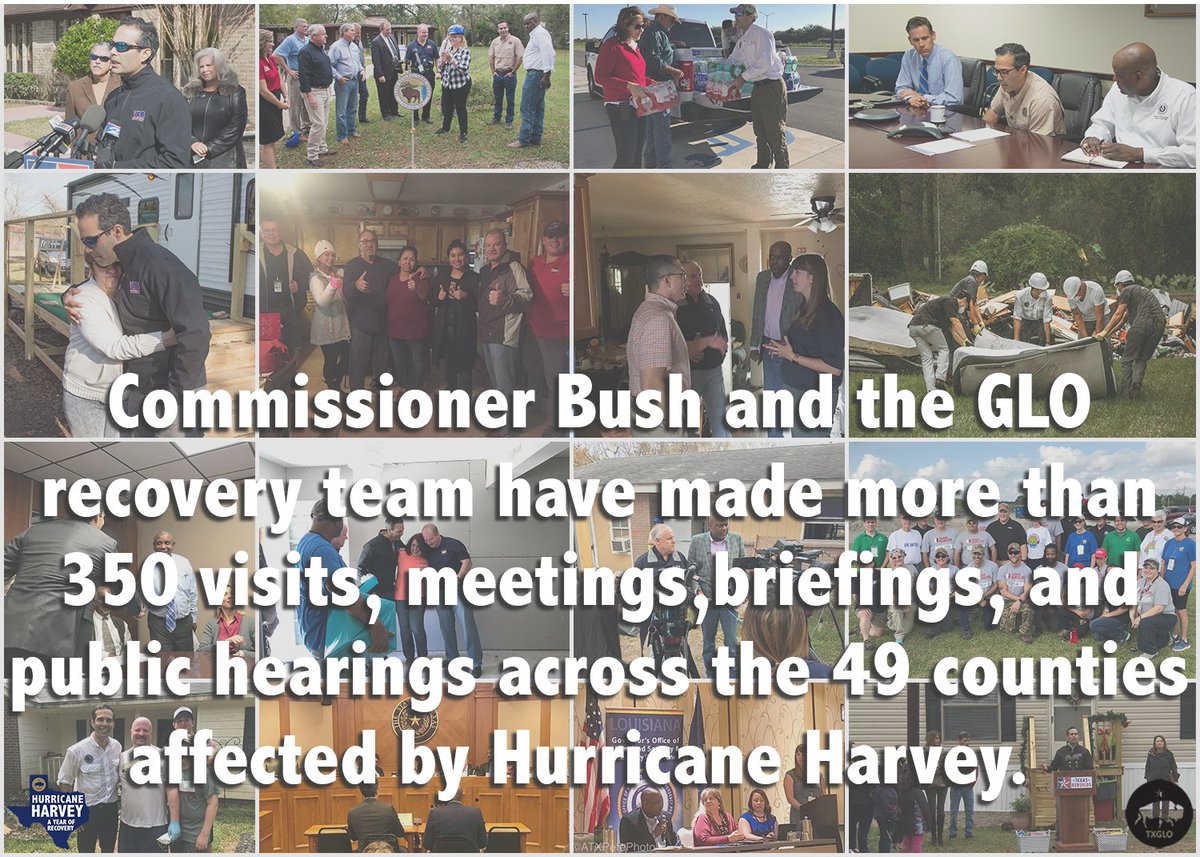 TXGLO's tweet photo. More than 300 visits, meetings, briefings across 49 counties.
Since #HurricaneHarvey hit one year ago, Cmr. Bush and the @txglo recovery team have worked tirelessly to ensure that every Texan gets the assistance they deserve.
#AYearOfRecovery #HarveyAnniversary #TexasRebuilds https://t.co/03IfMpF2dh