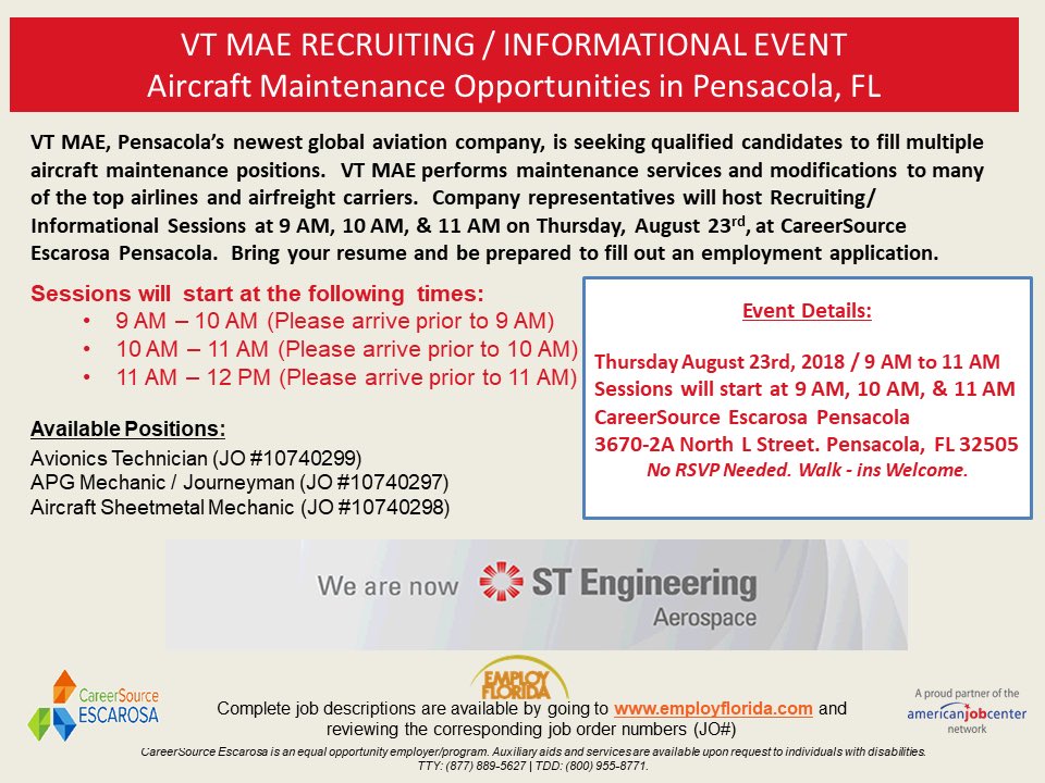 MobileAerospace's tweet photo. We are back at it again with the job fair🗒🗂Come see us this Thursday at CareerSource Escarosa #jobfair #landingjobs #vtmae https://t.co/Xv6APpblmw