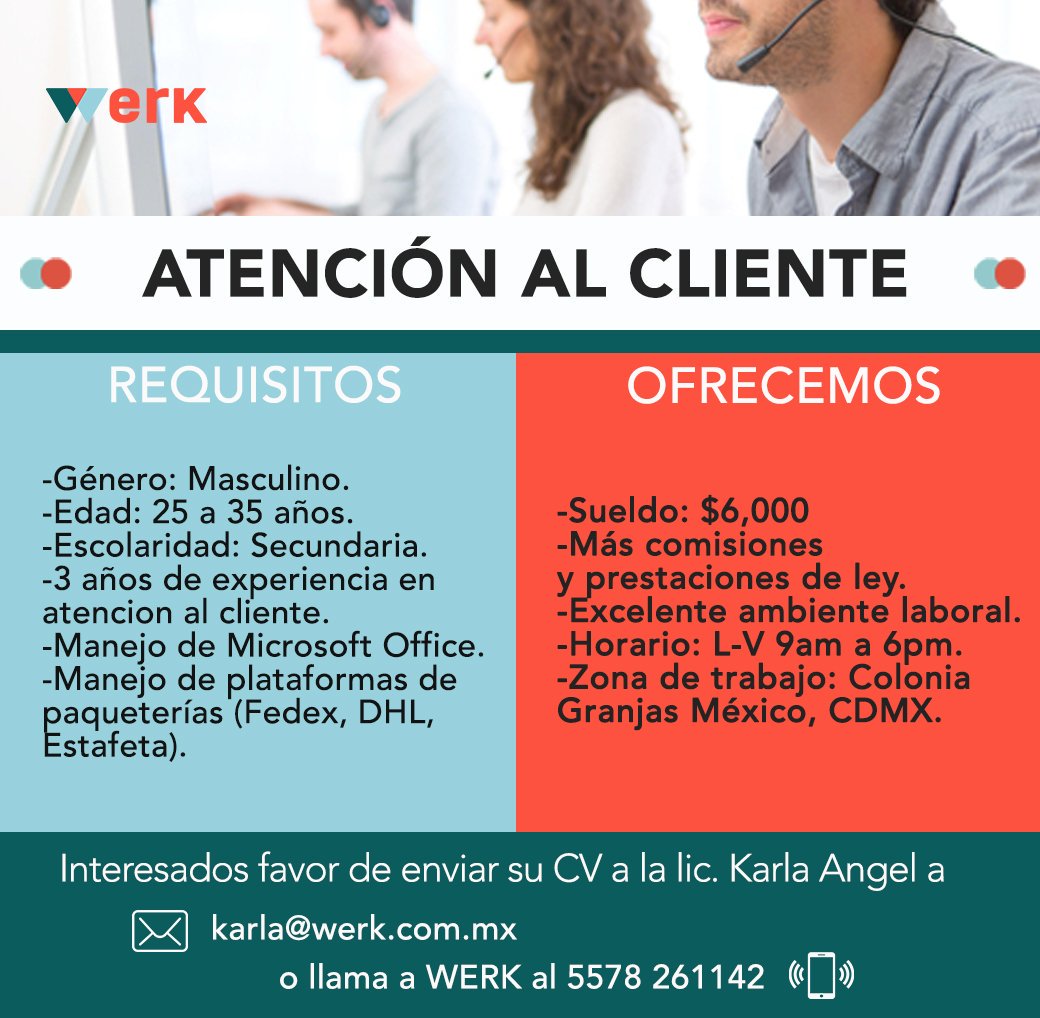 WERKmx's tweet photo. #Sesolicita agente de atención al cliente. 
Envía tu CV a karla@werk.com.mx https://t.co/tHMdlgFXzT