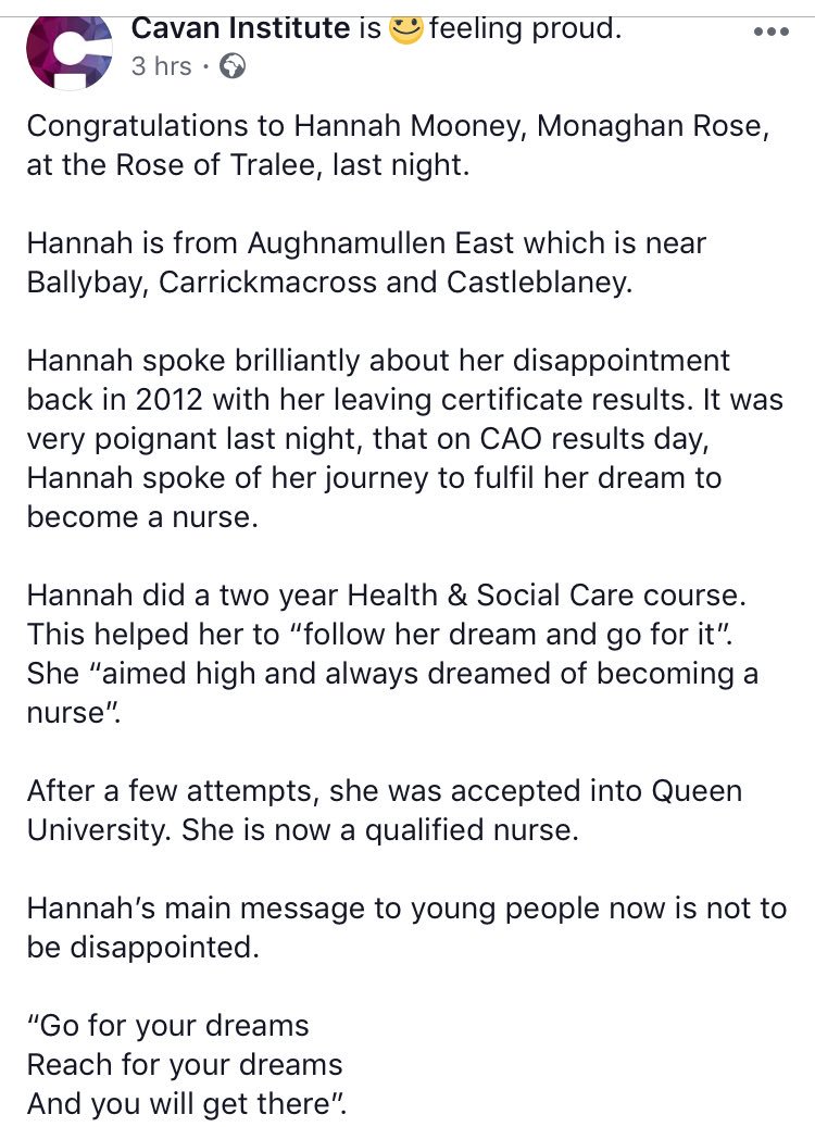 CavanInstitute's tweet image. Good luck &amp;amp; best wishes to Hannah Mooney @MonaghanRose tonight @RoseofTralee_  after a great  delivery last night. Wise words

“Go for your dreams, Reach for your dreams and you WILL get there”

We have over 80 courses
Let us help you make your dreams come true #RoseOfTralee