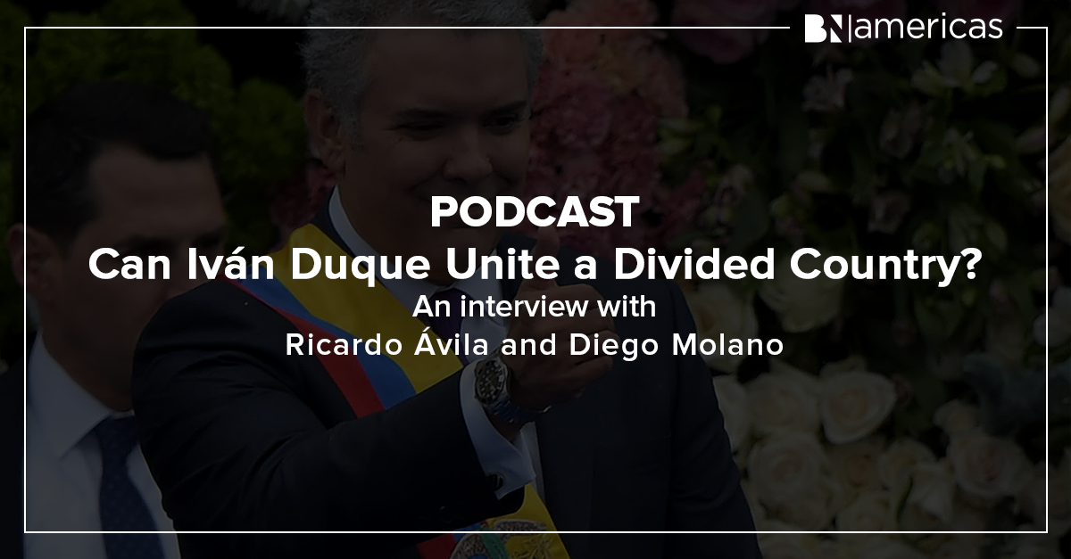bnamericas's tweet photo. Will @IvanDuque manage to be the “extreme centrist” he has promised he will be? How will he handle the economy? Corruption scandals? What is the "orange economy"? How will his government strengthen peace in #Colombia? Listen to our new #podcast episode: https://t.co/URrFOUhb0A https://t.co/C0YeeP9Si2