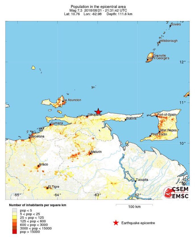 #TerremotoVenezuela
Más de 40 millones de habitantes expuestos al terremoto de M7.3.

Vía <a href="/LastQuake/">EMSC</a>
