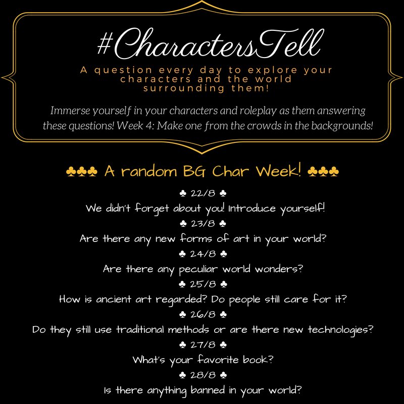 characterstell's tweet image. Hello #CharactersTell peeps!
After the #SideCharacters week, here we are with the last full #week of the month! #BackgroundCharacter week!
Here's the #card for it!
And remember! Starting next month, we've got #CharactersHell as a #daily #game too!
More info to follow soon!