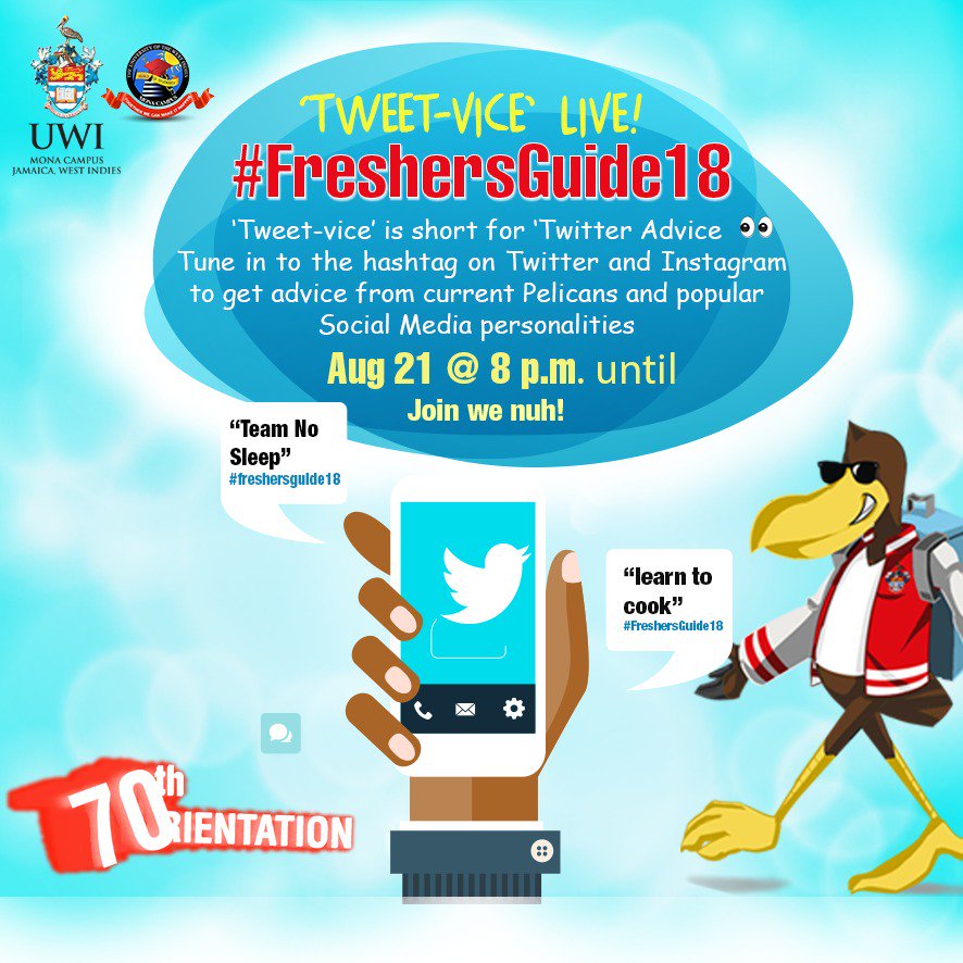 uwimonapsa's tweet image. ‘Tweet-Vice’ Live❗

Our 🆕 students are here and we want them to have a great university experience. So join us tonight at 8pm, and let’s give them some tips 💡. 

Link up mek wi dweet 🐥❗
#FreshersGuide18 #iRepMyGuild