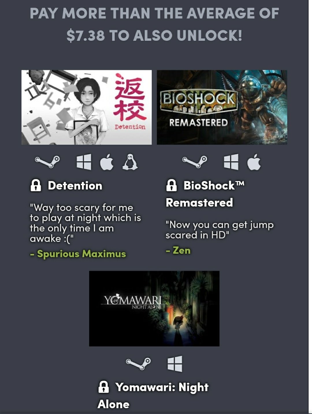 Donnary21st 宣伝 今回のhumble Bundleはホラーゲーのバンドルが大売り出し 15でなんと Deadbydaylight 13日の金曜日 返校 バイオショック 夜廻などがセットで買えちゃいます 単品買いより圧倒的にお得なハンブルバンドル 欲しいゲームが1 Donnary21st 宣伝 今回のhumble Bundleはホラーゲーのバンドルが大売り出し 15でなんと Deadbydaylight 13日の金曜日 返校 バイオショック 夜廻などがセットで買えちゃいます 単品買いより圧倒的にお得なハンブルバンドル 欲しいゲームが1