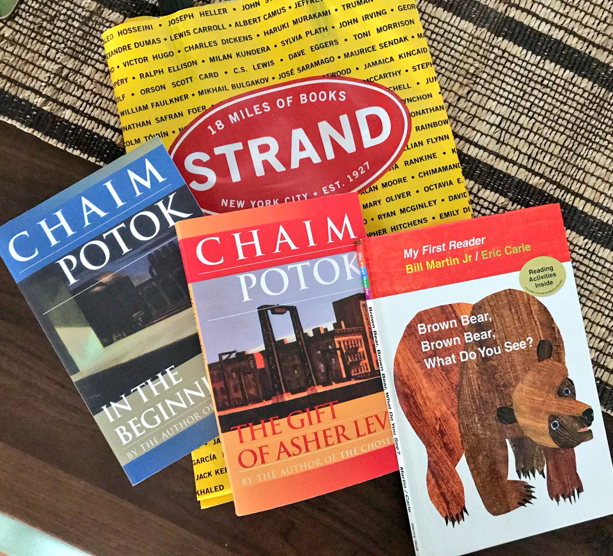 DanielHugill's tweet photo. The we got lost in @strandbookstore. Book heaven. We added to our Chaim Potok collection & got Brown Bear, Brown Bear for the Boy. π #strandhaul https://t.co/m8NFR3YRrB