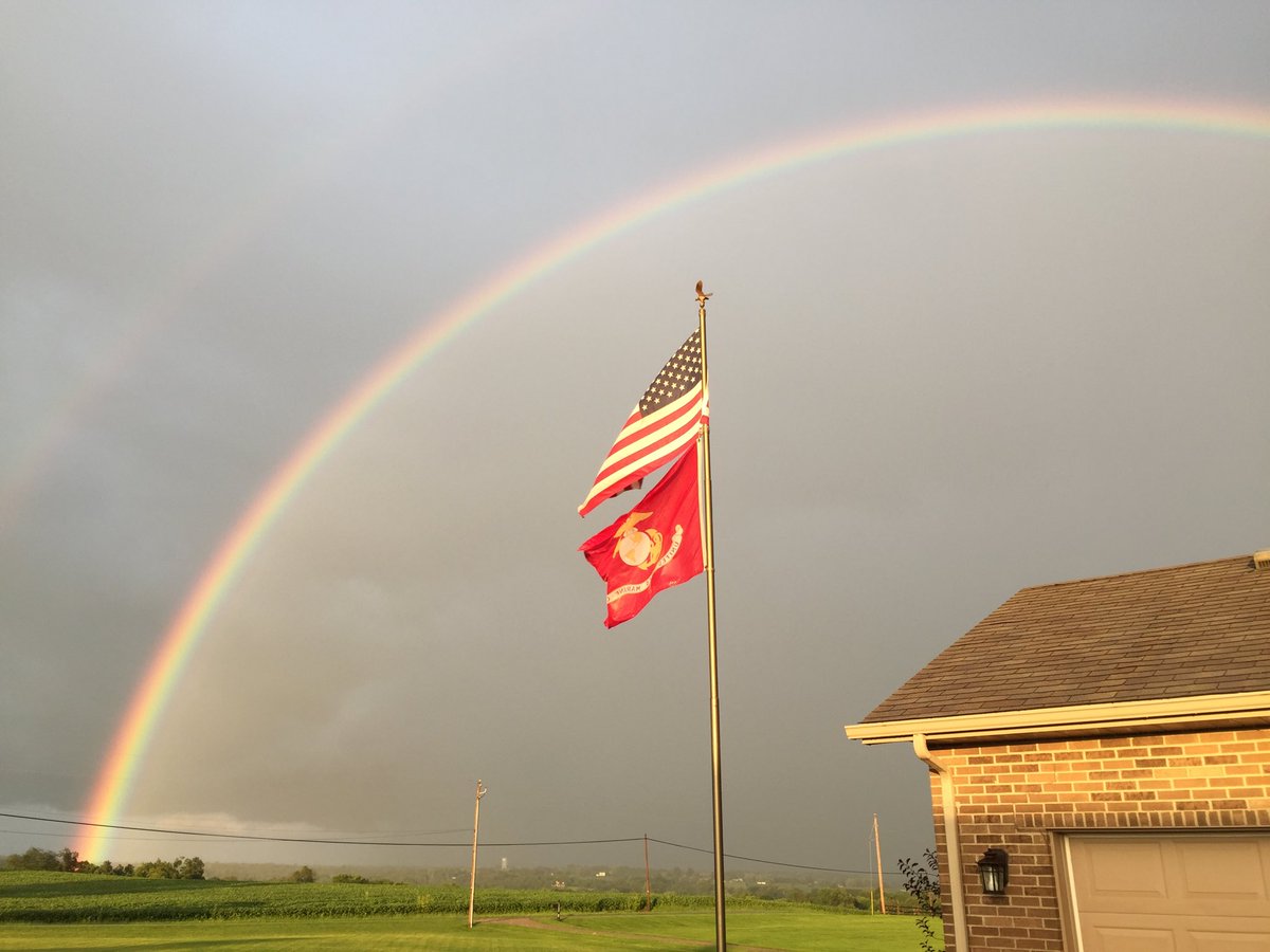 A double rainbow in the background of Old Glory and Marine Flag. #ProudMarine #ProudAmerican FreedomIsNotFree #OldGlory #Merica