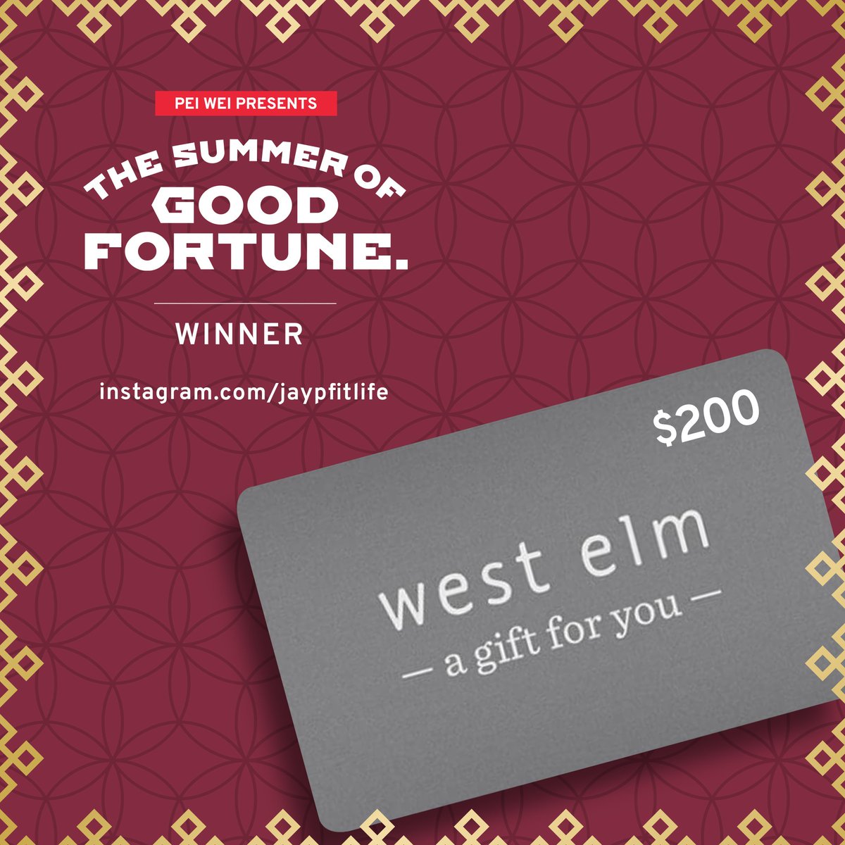 PeiWei's tweet photo. Today's #GoodFortuneContest winner is IG user jaypfitlife. While we can't help with the lease, we hope he can use this @westelm gift card to furnish his new place. 🏡 https://t.co/7Ig8u7CG70