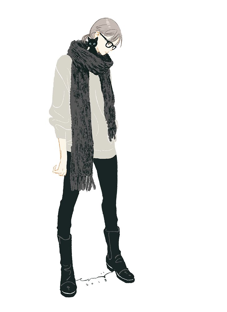 1girl solo scarf glasses boots black-framed eyewear white background  illustration images