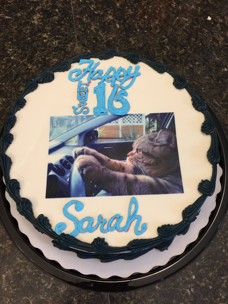 Cruiserk's tweet photo. I love that you can customize @DQCanada cakes. My daughter turned 16 last week and loves cats. This is what my local (Exeter) DQ came up with. She ❤️❤️❤️’d it! Thanks again! #fanfood #DQcake #fudgecookiecenter https://t.co/x0STC1WTRu