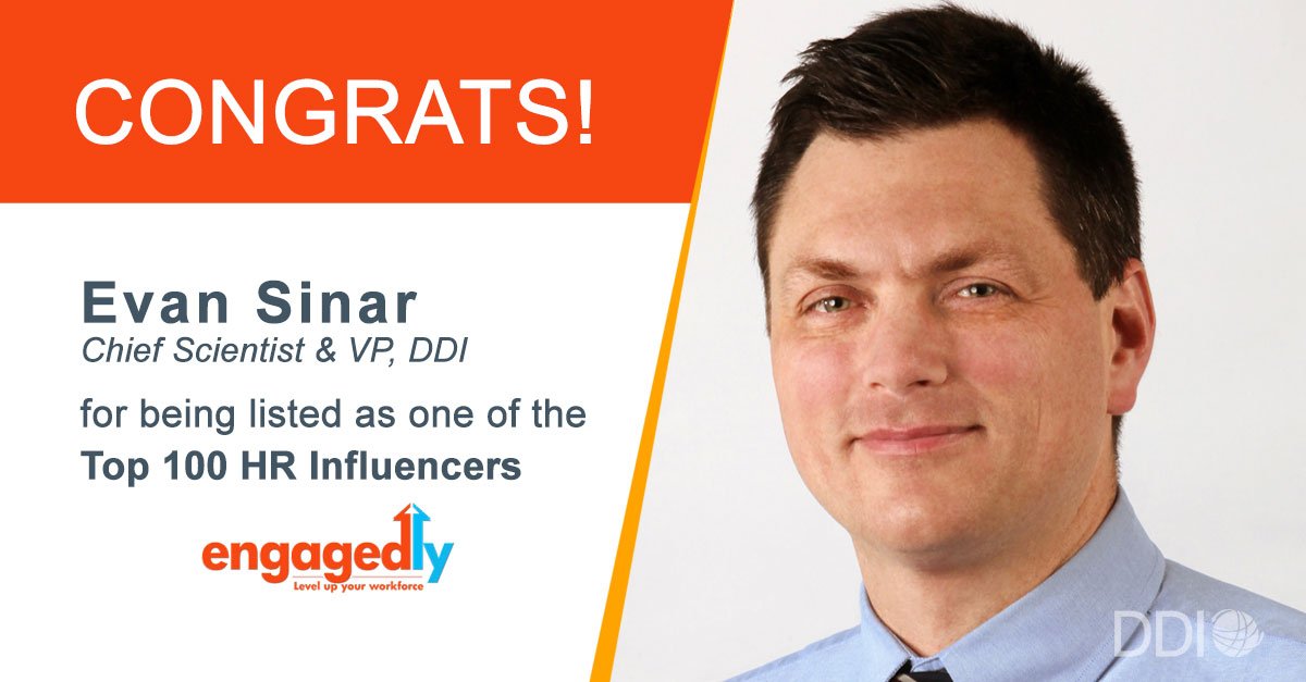 DDIworld's tweet photo. Congratulations to our Chief Scientist &amp; VP @EvanSinar for making @engagedlyInc's Top 100 #HR Influencers 2018 List! https://t.co/CG99Gr7XGQ #TalentManagement https://t.co/Vyzb9oL9rL