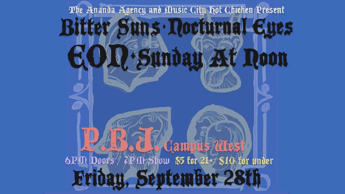 🚨 NEXT MONTH 🚨

<a href="/theanandaagency/">The Ananda Agency</a> is teaming up with <a href="/mchcCO/">Music City Hot Chicken</a> &amp; Pinball Jones Campus West to present this amazing lineup: @bittersunsband | EON | @Sunday_at_Noon (AZ) | The Nocturnal Eyes (Debut Show) 

🎸🥁 

This show is all ages!

🎫 - facebook.com/events/1274473…