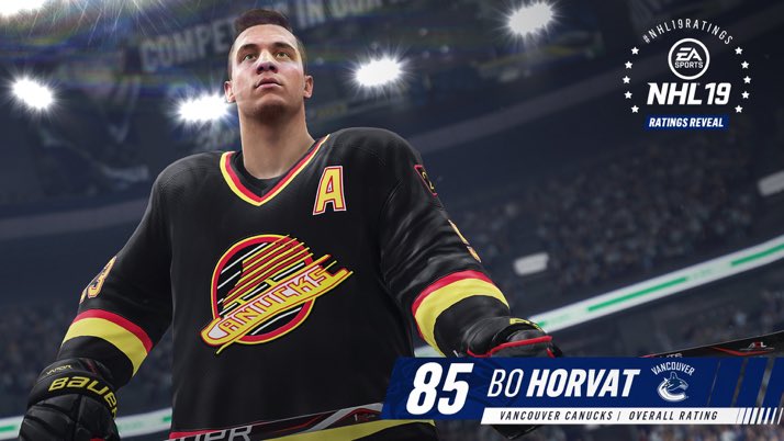 BoHorvat's tweet photo. What do you guys think of my ranking?? The nailed the retro jersey 👌@EASPORTSNHL #NHL19Ratings https://t.co/vH3ahfdkBd